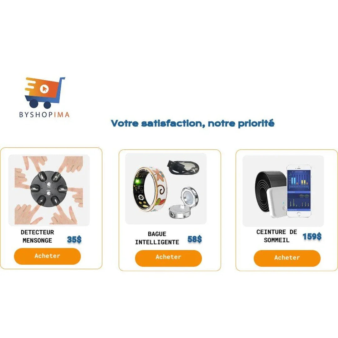 BYSHOPIMA promo: lie detector, smart ring, and sleep belt devices with prices and buy buttons