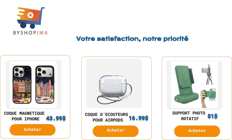BYSHOPIMA homepage showcase with iPhone case, AirPods case, rotating phone holder and prices