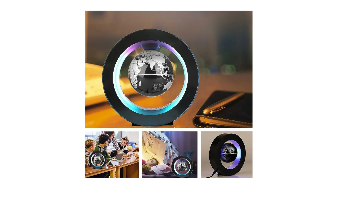 LED levitating globe lamp with black circular base, byshopima.com education decor