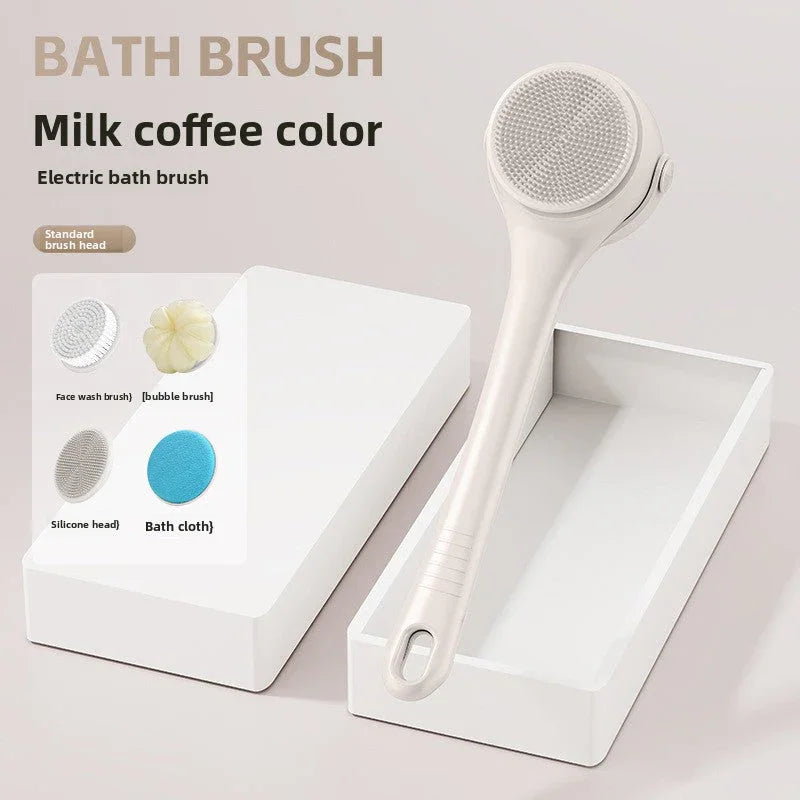 BYSHOPIMA electric bath brush in milk coffee color with multiple brush heads on a white tray